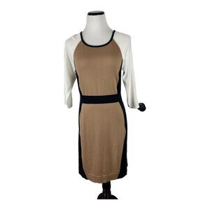 AGB Womens Size M Color Block Sweater Dress 3/4 Sleeves Black Tan White MIDI